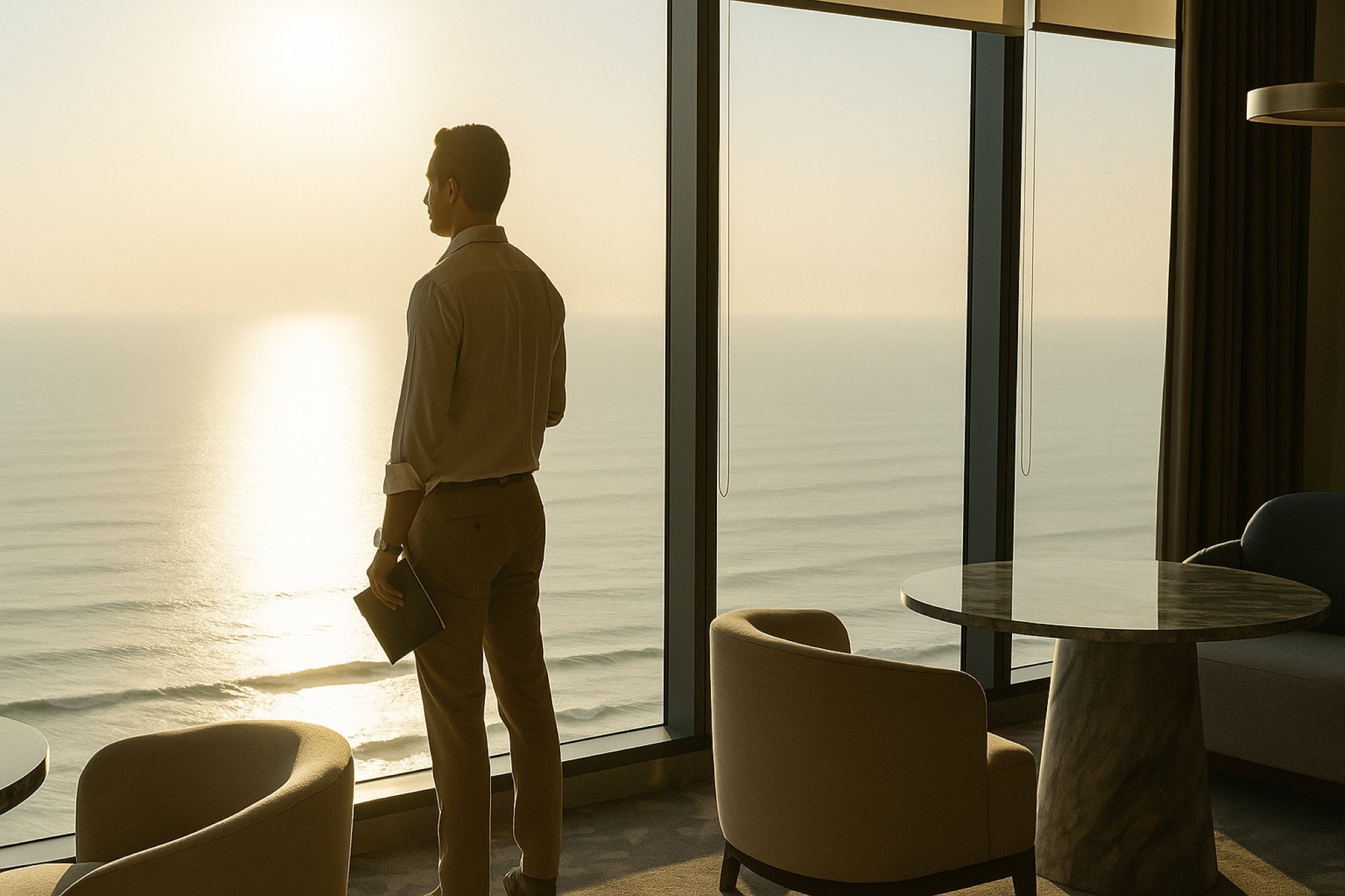 Área Coworking en Stelarhe Mazatlan empresario con libro en mano disfrutamndo de una bella vista al mar