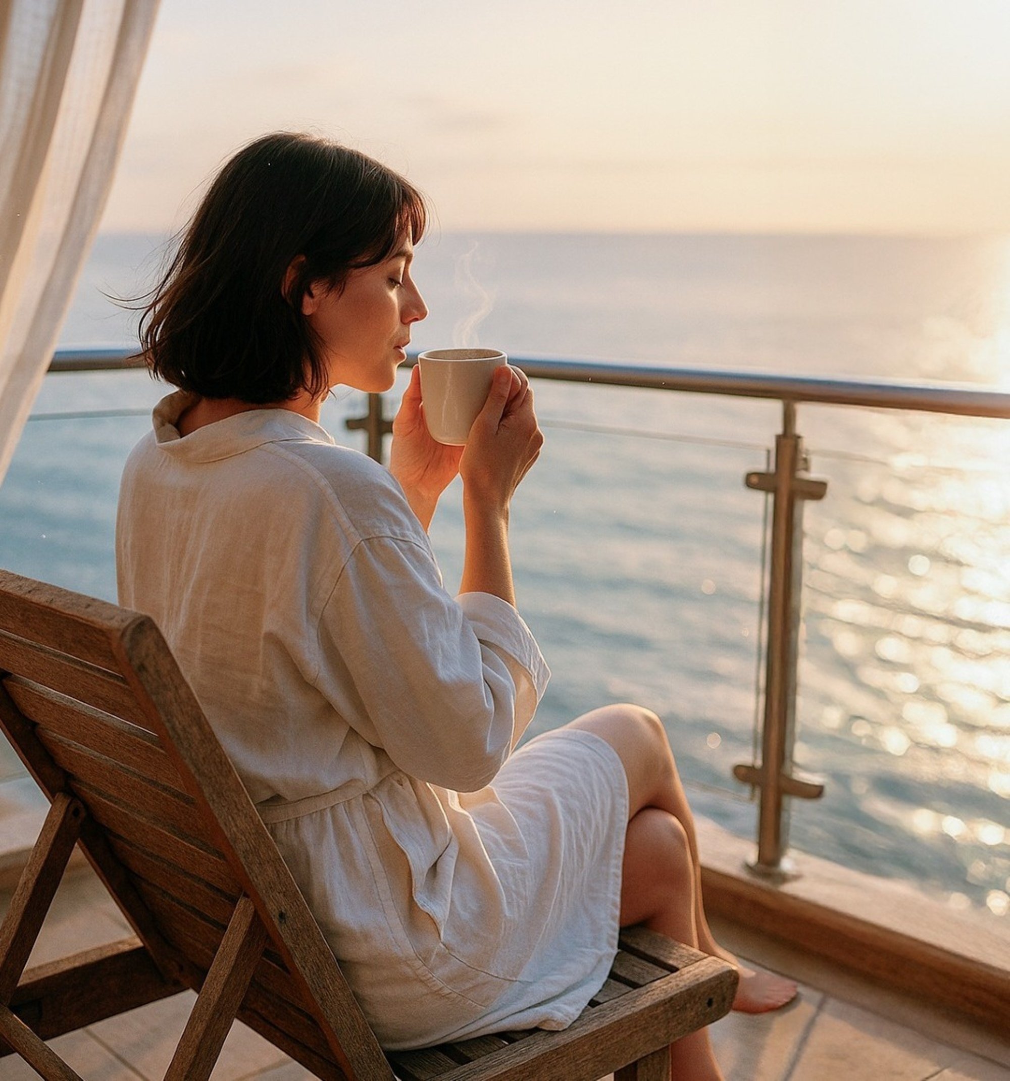 Bella joven disfrutando de una taza de café en el balcon de su departamento con vista al mar