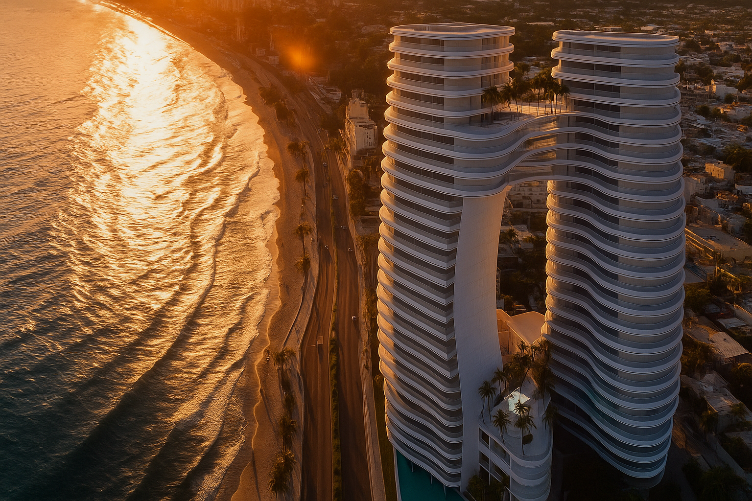 Vista aerea de Stelarhe sobre el Malecón de Mazatlán y una hermosa vista al mar