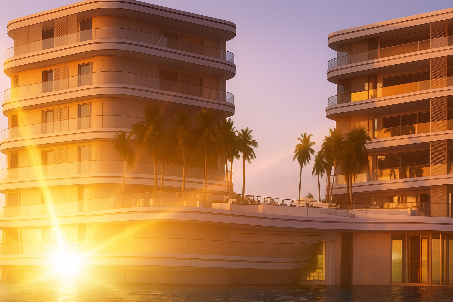 Resplandor del sol sobre las torres de Stelarhe en Mazatlán